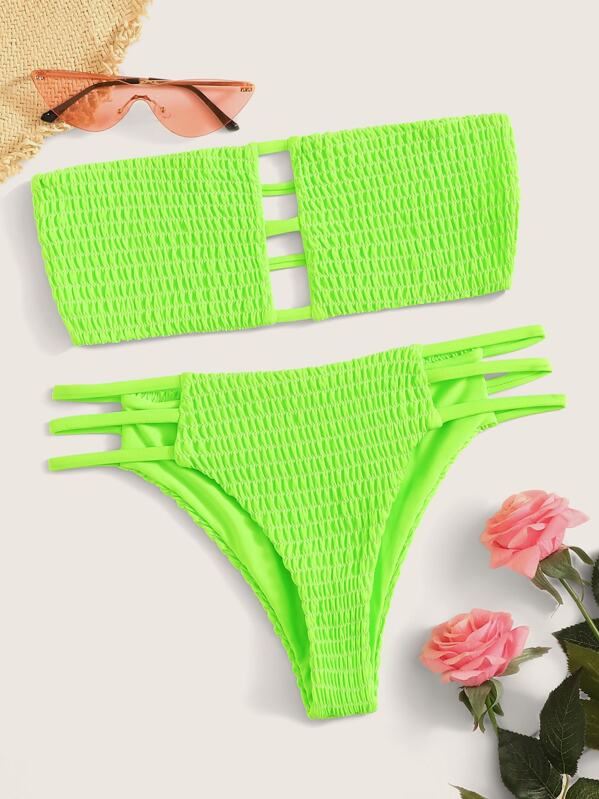 

Neon Lime Smocked Ladder Cut-out Bandeau Bikini Set, Green