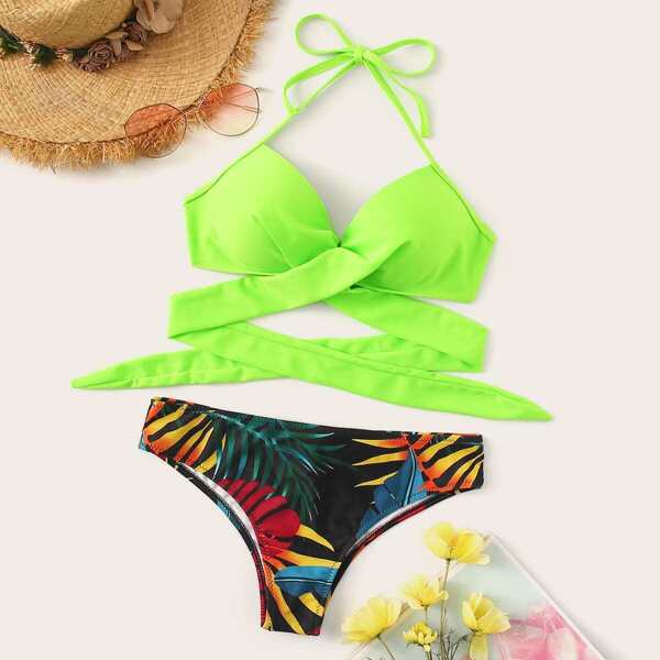 

Neon Lime Wrap Top With Random Tropical Bikini, Multicolor