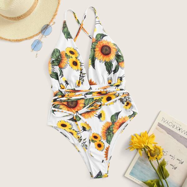 

Random Sunflower Print Self Tie Plunging One Piece Swimsuit, Multicolor