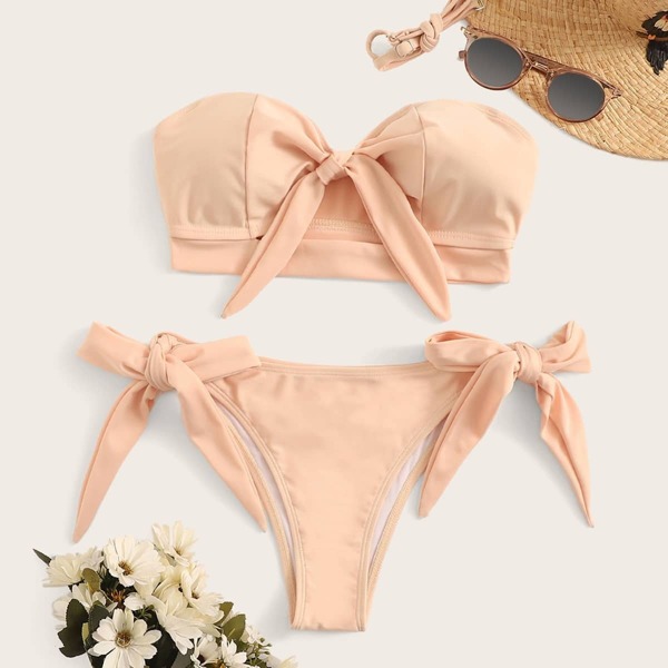 

Knot Front Bandeau With Tie Side Bikini Set