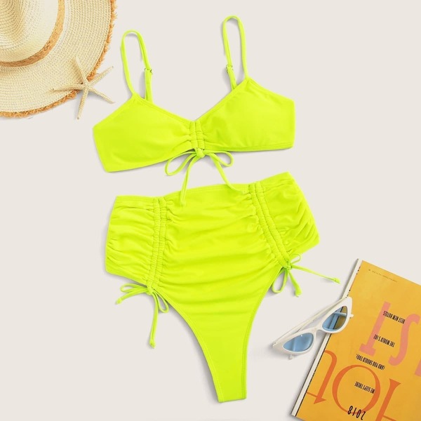 

Neon Lime Drawstring High Waist Bikini Set