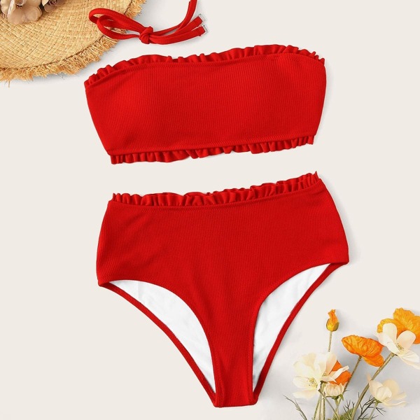 

Frill Trim Ribbed High Waist Bandeau Bikini Set, Red