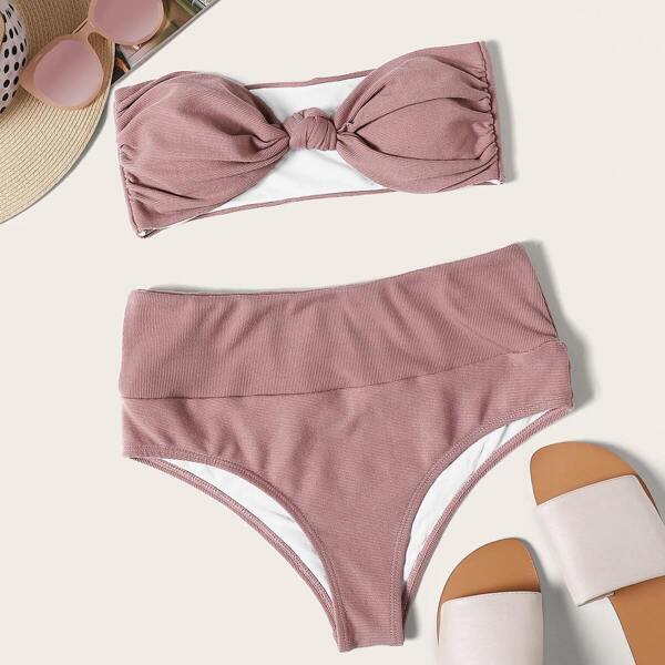 

Textured Bandeau With High Waist Bikini Set