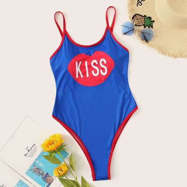 

Contrast Piping Letter Print One Piece Swimsuit