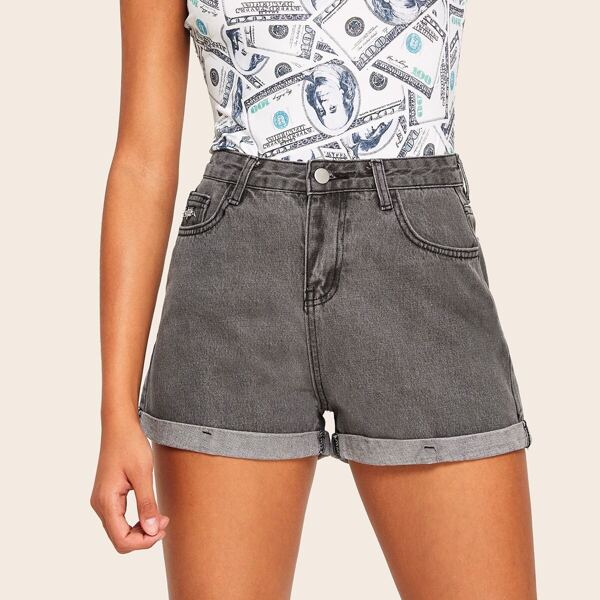 

Rolled Hem Denim Shorts, Grey