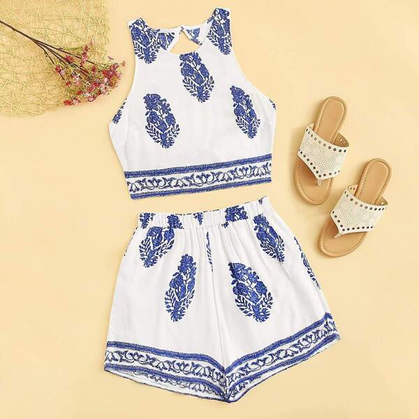 

Floral Print Backless Top & Elastic Waist Shorts