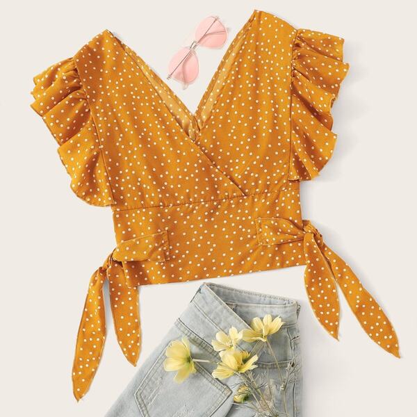 

Polka Dot Flounce Trim Shirred Blouse, Mustard yellow