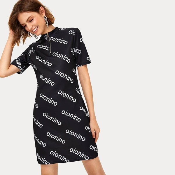 

Letter Print Zip Front Dress