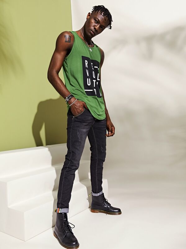 

Men Letter Print Tank Top, Army green, Henry B