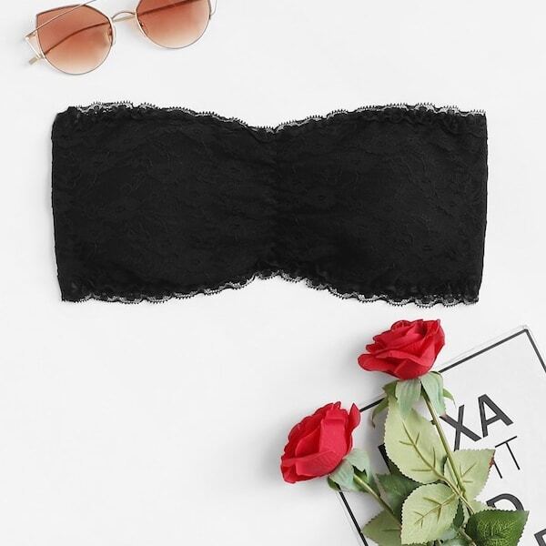 

Plus Ruched Floral Lace Bandeau Bra, Black