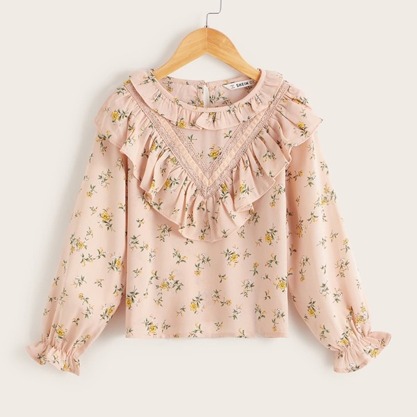 

Girls Lace Applique Ruffle Trim Ditsy Floral Top