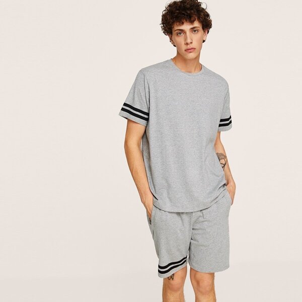 

Men Heather Knit Striped Tee & Sweat Shorts PJ Set