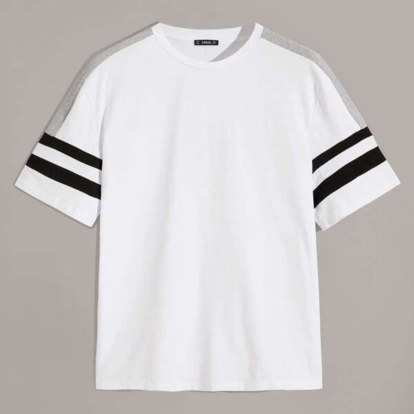 

Men Heather Grey Panel Striped Sleeve Tee