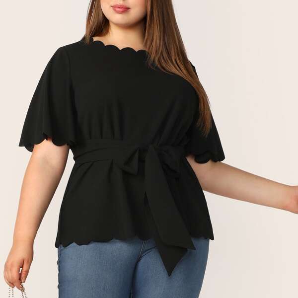 

Plus Scallop Trim Belted Top