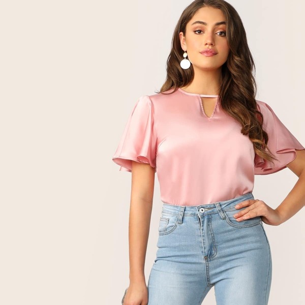 

Cutout Front Flutter Shoulder Satin Blouse