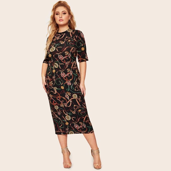 

Plus Mock Neck Chain Print Pencil Dress, Multicolor