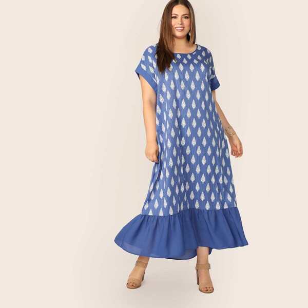 

Plus Plants and Striped Print Flippy Hem Dress, Blue
