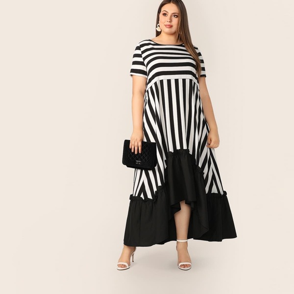 

Plus High Low Hem Striped Dress, Black and white