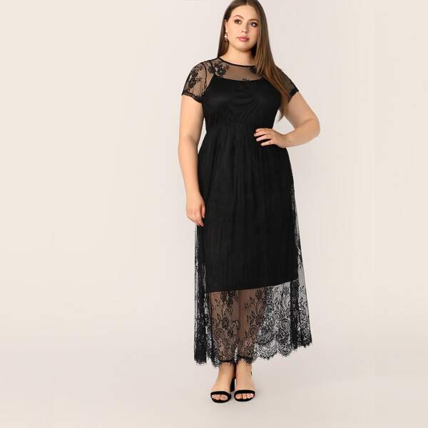 

Plus Keyhole Back Embroidery Mesh Overlay Dress, Black