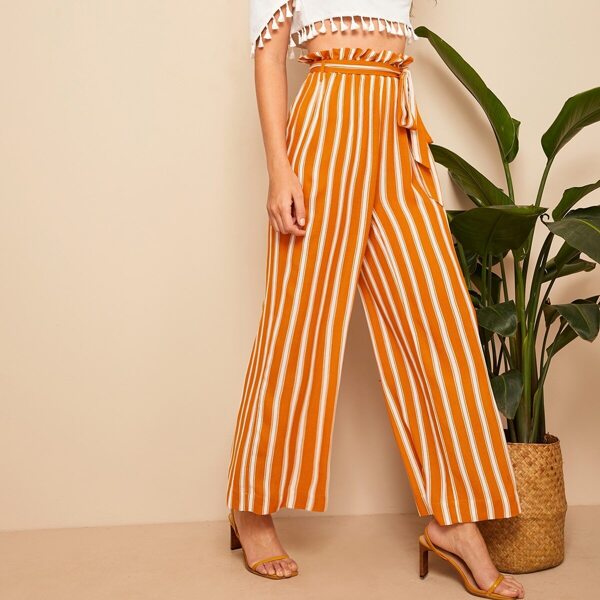 

Paperbag Waist Self Belted Striped Palazzo Pants