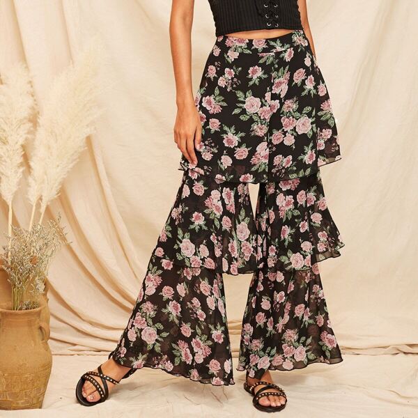 

Floral Wide Band Waist Layered Ruffle Pants, Multicolor