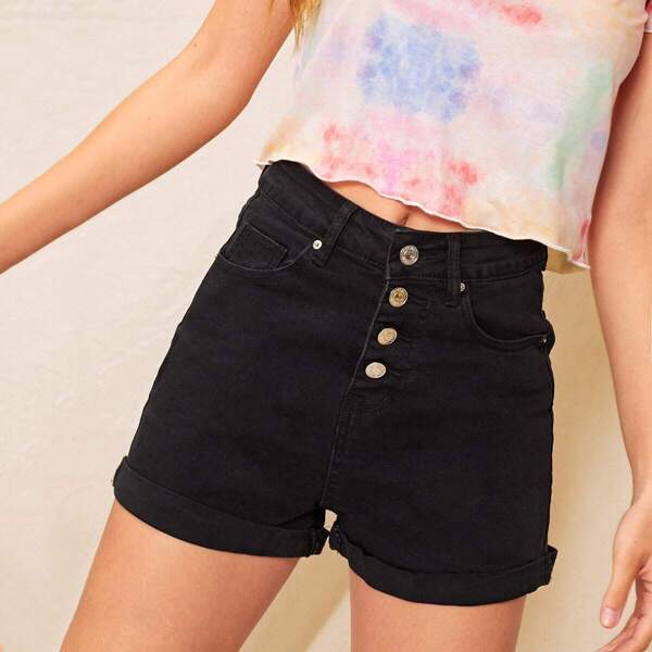 

Button Front Cuffed Hem Denim Shorts