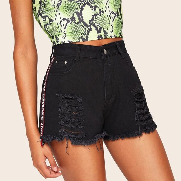 

Contrast Letter Tape Ripped Raw Hem Denim Shorts
