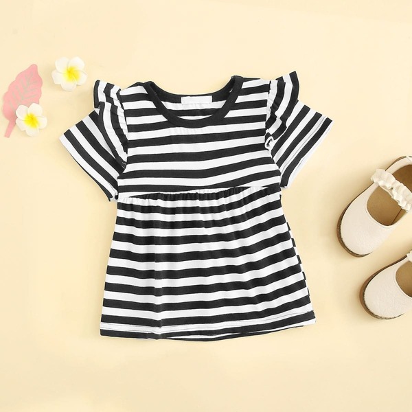 

Toddler Girls Ruffle Trim Striped Smock Tee