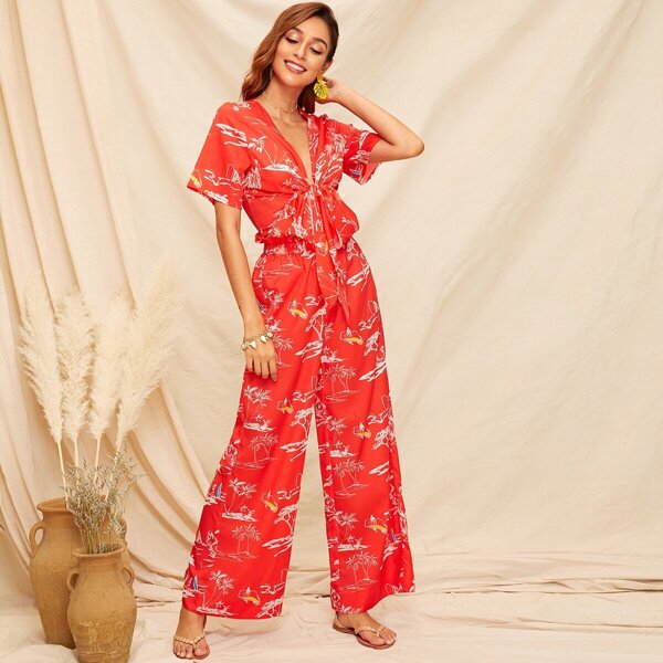

Plunging Neck Knot Tropical Print Top & Pants Set, Red