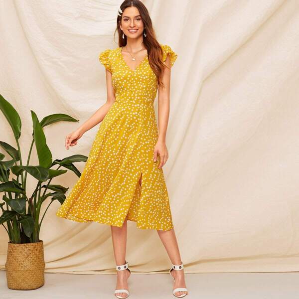 

Ruffle Trim Button Front Split Dress, Yellow