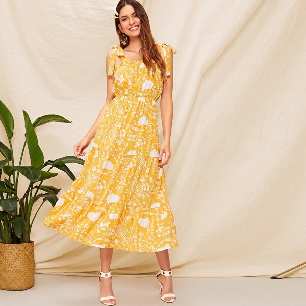 

Tie Strap Botanical Print Layered Flounce Dress