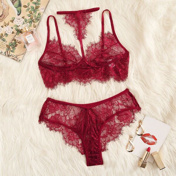 

Eyelash Floral Lace Lingerie Set With Choker, Burgundy