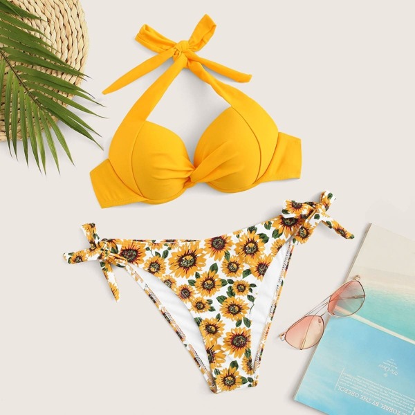 

Twist Halter Top With Random Sunflower Tie Side Bikini, Multicolor