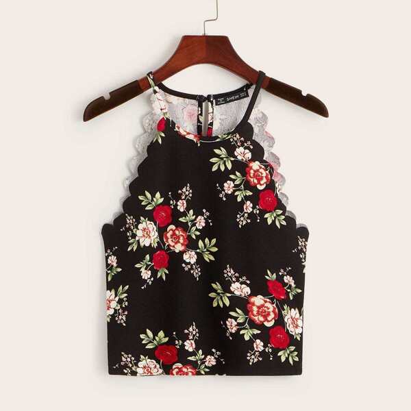 

Scalloped Trim Floral Print Tank Top