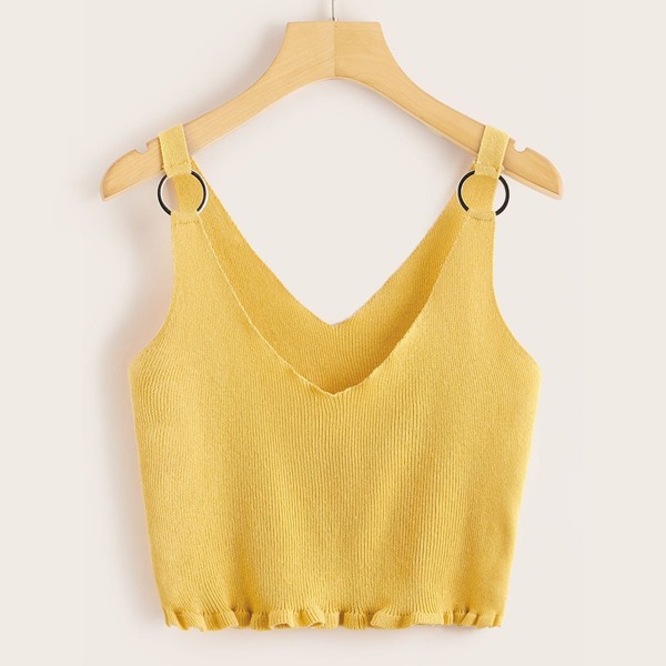 

O-ring Detail Frilled Hem Knit Top