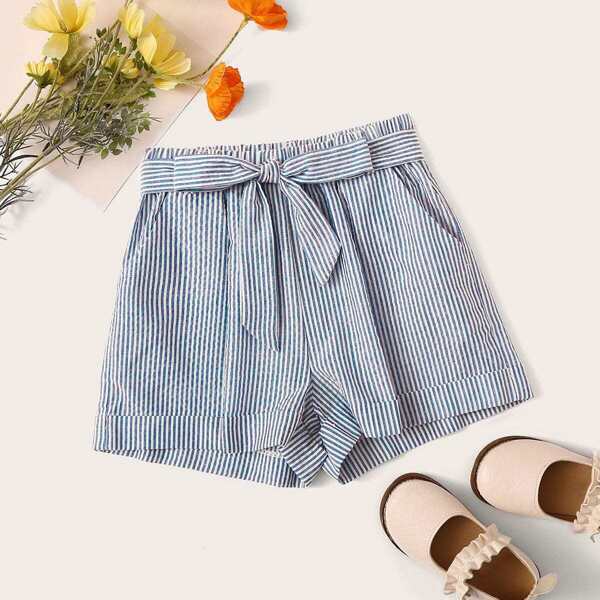 

Girls Slant Pocket Belted Striped Shorts