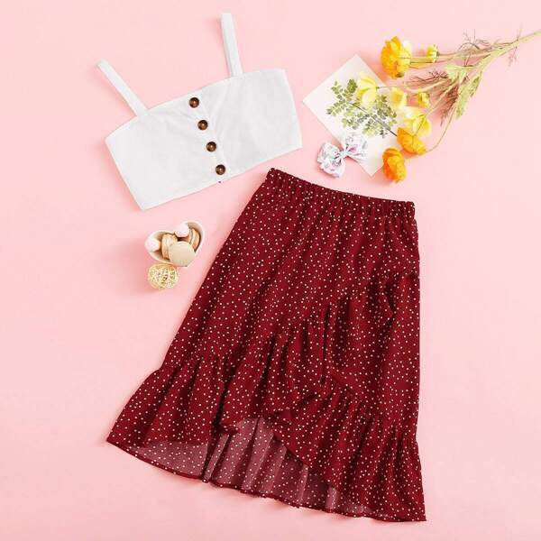 

Girls Buttoned Cami Top & Dot Ruffle Wrap Skirt Set, Multicolor