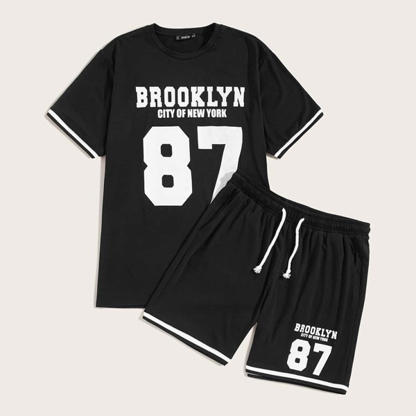 

Men Varsity Print Top & Drawstring Shorts Set, Black