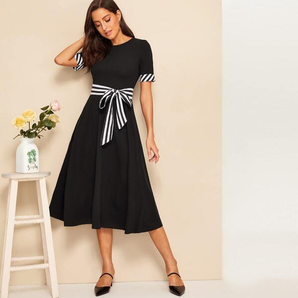 

Striped Cuff Belted Dress, Black