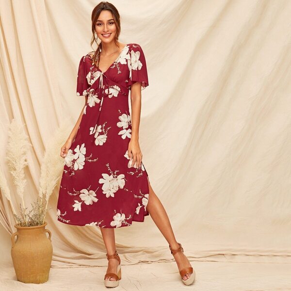 

Floral Print Split Side Knot Dress, Burgundy