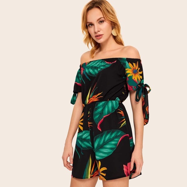 

Off Shoulder Floral Print Knot Cuff Romper