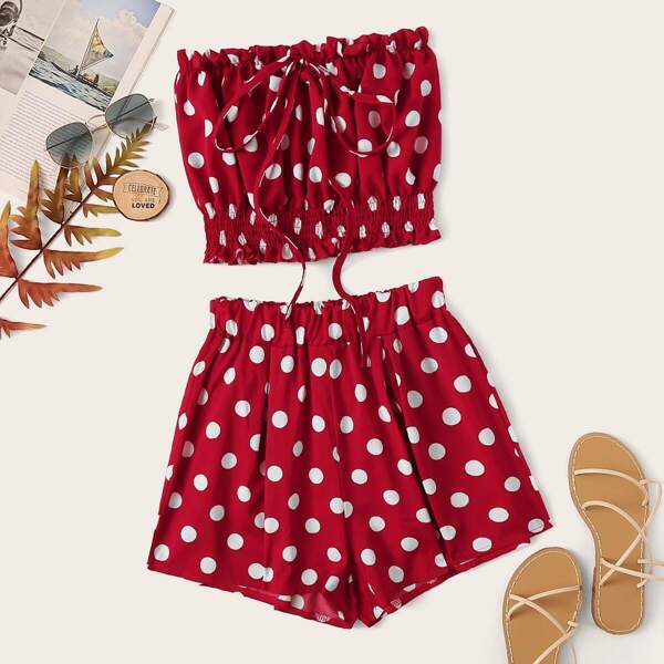 

Polka Dot Lettuce Frill Knot Tube Top With Shorts