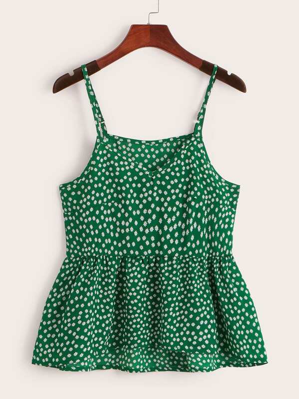 

Ditsy Floral Ruffle Hem Cami Top, Green