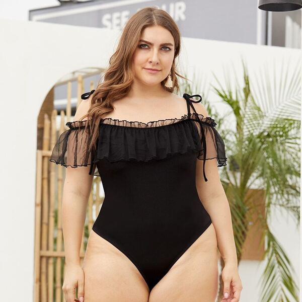 

Plus Mesh Panel Skinny Cami Bodysuit, Black