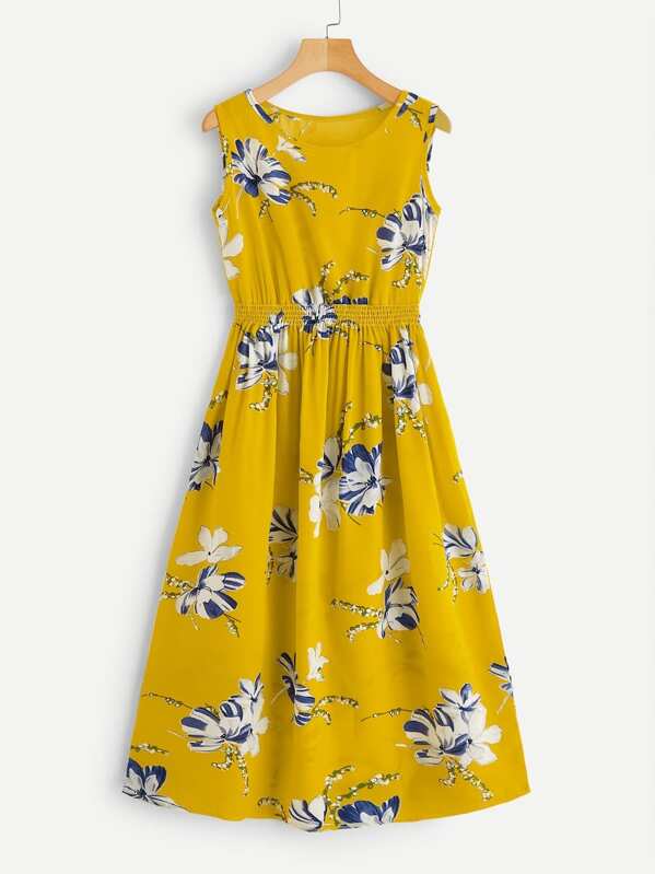

Plus Floral Print Elastic Waist Dress, Yellow