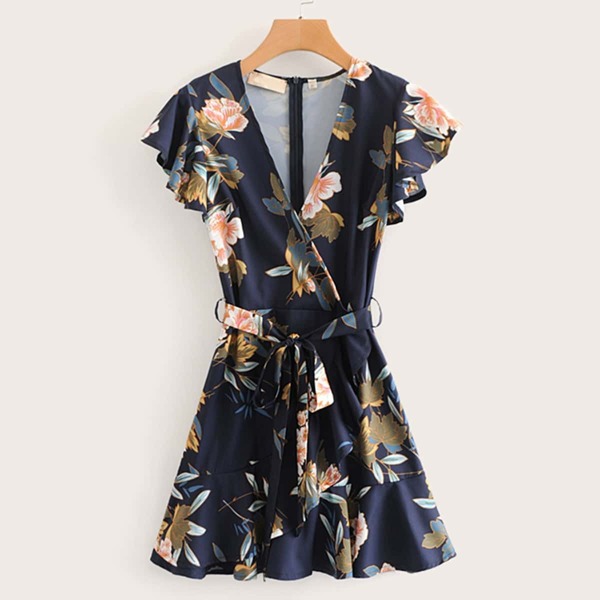 

Self Tie Floral Print Surplice Dress