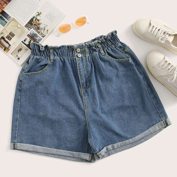 

Plus Rolled Hem Solid Denim Shorts, Blue