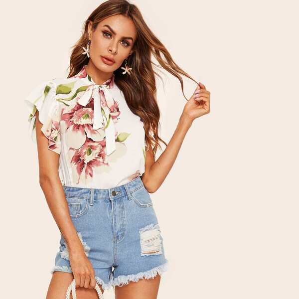 Floral Print Tie Neck Blouse