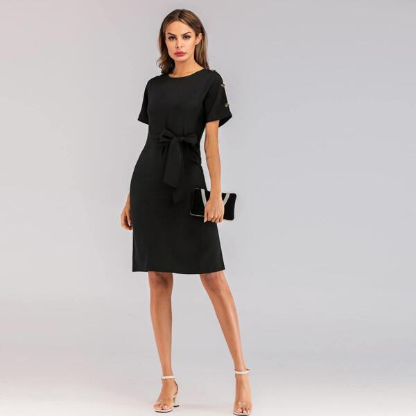 

Button Cuff Zip Back Belted Dress