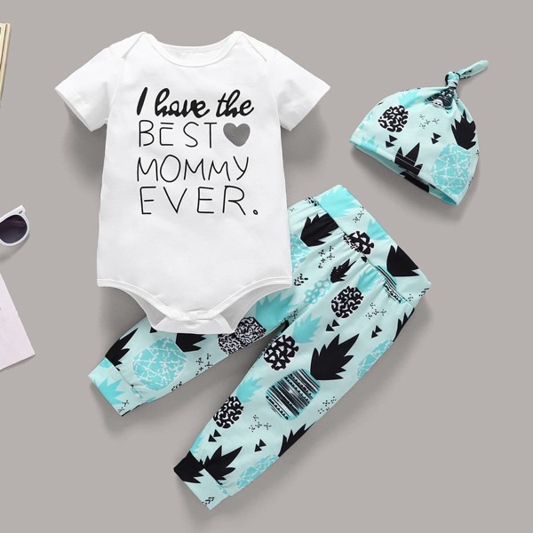 

Baby Slogan Print Romper & Geometric Print Pants & Hat